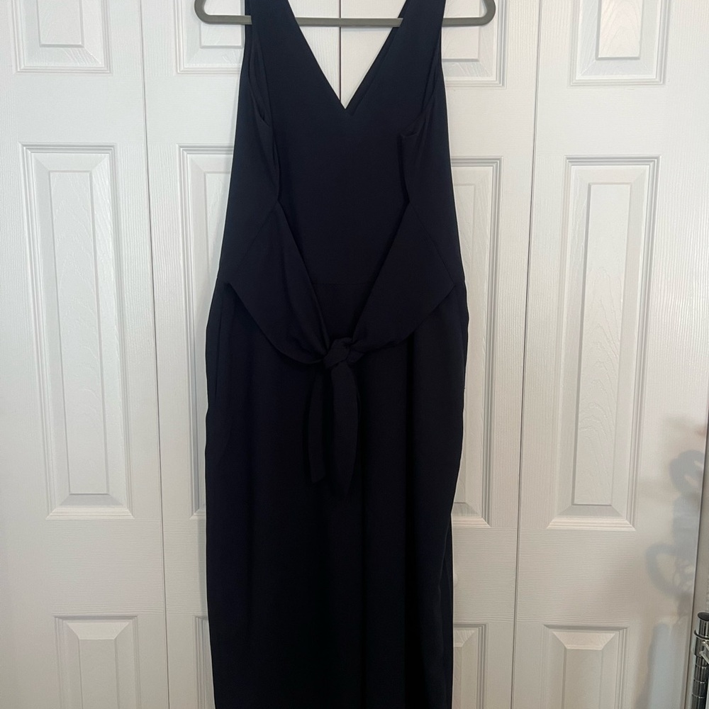 LOFT blue, v-neck jumpsuit with zipper back, hits mid calf, size 14